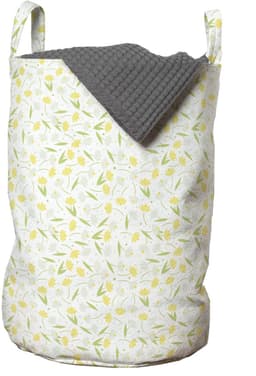 ABAKUHAUS Bloemen-waszak, narcis- en stippenpatroon, wasmand met draaggrepen, trekkoordsluiting, voor wasserettes, 33 cm breed x 49 cm hoog, pastelgeel/lichtgroen — thumbnail 1