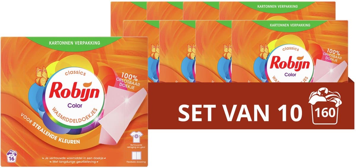 Robijn - Wasmiddeldoekjes - Color - 100% oplosbare doekjes in een kartonnen verpakking - 160 wasstrips — afbeelding 1