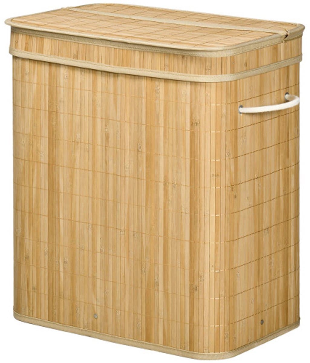 Wasmand, opbergmand, speelgoedopslag, kledingopslag, met deksel en handgrepen, 2 vakken, met afneembare stofzak, geschikt voor woonkamer, slaapkamer, badkamer 54,2 x 35,2 x 59,5 cm hout kleur bamboe — afbeelding 1