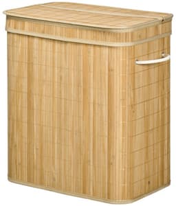 Wasmand, opbergmand, speelgoedopslag, kledingopslag, met deksel en handgrepen, 2 vakken, met afneembare stofzak, geschikt voor woonkamer, slaapkamer, badkamer 54,2 x 35,2 x 59,5 cm hout kleur bamboe — thumbnail 1