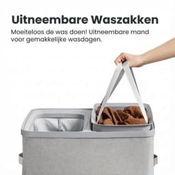 MAZAZU Wasmand met 2 Vakken - 100 Liter - Wassorteerder met Deksel - Uitneembare Waszakken - Lichtgrijs - Opvouwbare Wasbox voor Badkamer & Slaapkamer - 56×40×67 cm — thumbnail 5