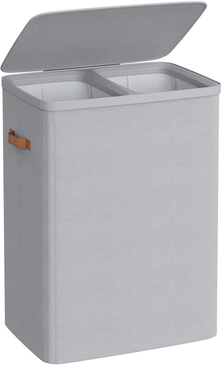 Waskorf, vuilewasmand, wasverzamelaar met deksel, handvat en 2 afneembare zakken. Inhoud tot 170 liter. Modern en minimalistisch stijlvol ontwerp. 56 x 40 x 75 cm, grijs. — afbeelding 1