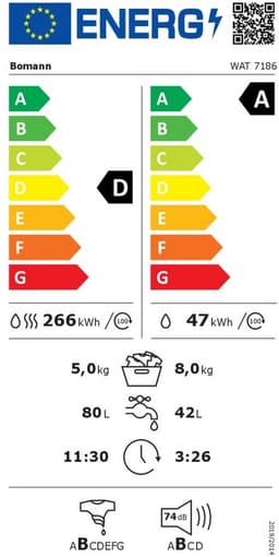 Bomann WAT 7186 Was-droogcombinatie - 8 kg Wassen - 5 kg Drogen - 1400 tpm - Inverter Motor - Stoomfunctie - Wit — thumbnail 2