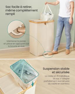 SONGMICS Wasmand met 2 compartimenten, 150 liter, vuile wassorteermachine met deksel, afneembare zakken, voor wasruimte, slaapkamer, woonkamer, crèmewit en natuurlijk beige LCB523W01 — thumbnail 4