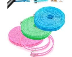 Allecta - Nylon Waslijn Set voor Binnen- en Buitengebruik met 3 Stuks en 5 Meter Lengte - Blauw, Groen, Roze.