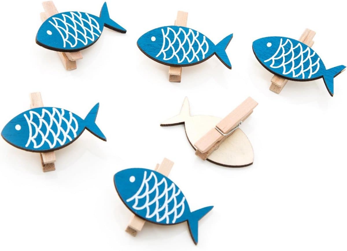 6x Houten Wasknijpers Blauw Wit Vis Decoratie Clips 5 cm Maritiem Feestartikelen — afbeelding 1