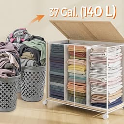 Drie-vaks grote wasmand, opbergmand, vuilewasmand 66,5×37,5×65 cm naturel, rotan-design, met deksel en afneembare binnenzak, wielen met rem, 140L grote capaciteit, voor huishoudelijk gebruik — thumbnail 4