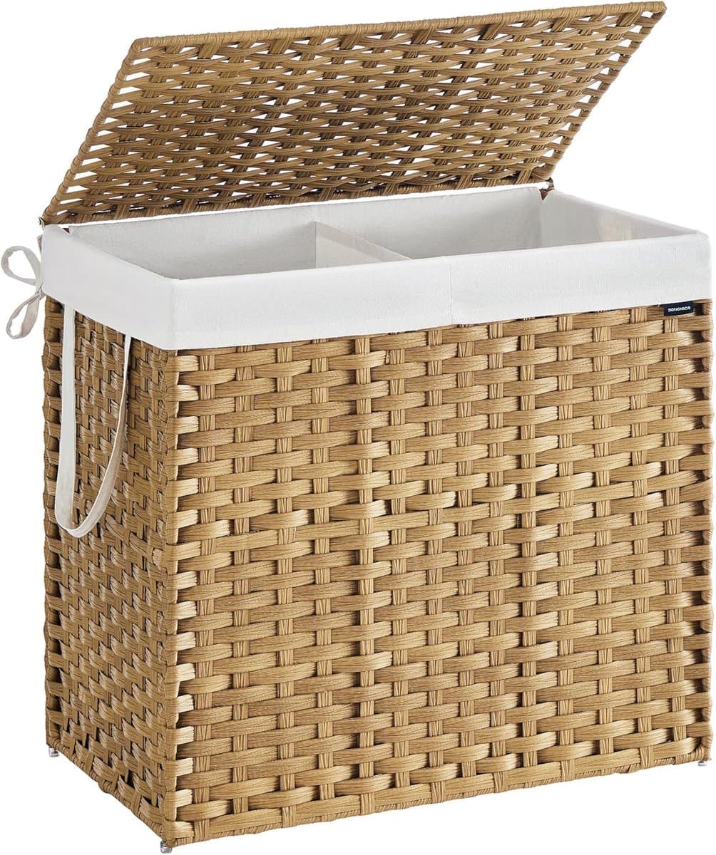 SONGMICS LCB216Y01 Wasmand 2 compartimenten wasmand 160 L Synthetische rotan wasmand met deksel en handvatten gevlochten opvouwbare verwijderbare waszak natuurlijke kleur — afbeelding 1