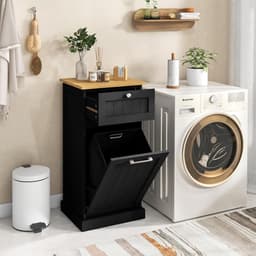GIANTEX Waskast met lade en uittrekbare wasmand, houten kast voor vuile kleding, 40 x 37 x 82 cm, opbergmeubel voor badkamer, waskeuken (grijs) — thumbnail 2