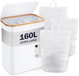Wasmand met deksel - 3 vakken - 160 liter - wasverzamelaar - 3 waszakken - grote opvouwbare wassorteerder - bamboe - hoge wasmand - wit — thumbnail 1