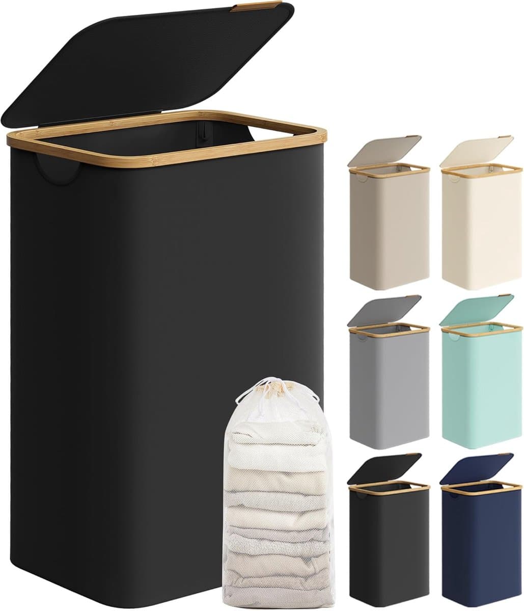 Wasmand met Bamboe Deksel – 90L Opvouwbare Wasbox – Met Uitneembare Waszak – 42x32x70.5 cm — afbeelding 1