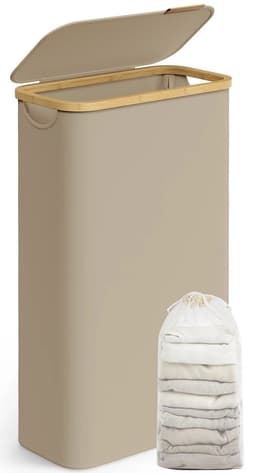 Vedder House - Wasmand - Wasmand met deksel - Beige - 65 liter - Smal - Opvouwbaar - Verwijderbare waszak — thumbnail 1