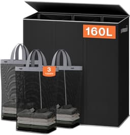 SNJY® Wasmand 3 Vakken - Wassorteerder - Wasbox Kledingmand - 36L x 63,5B x 70H cm - 160L - Zwart — thumbnail 1