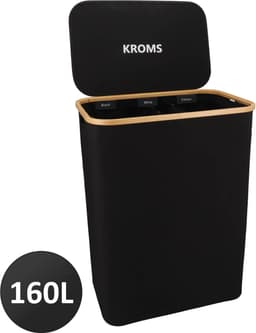 KROMS Wasmand 3 vakken - Zwart - 160L - Extra groot model - Inclusief NL & ENG Labels – Wassorteerder bamboe - Laundry basket - Wasmand met deksel - Opvouwbaar — thumbnail 1