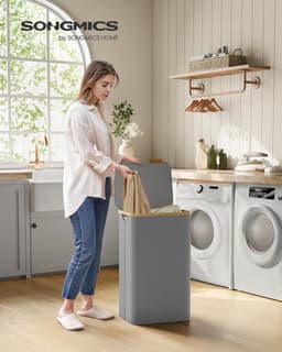 SONGMICS - Wasmand met deksel - 90L wasmand - Oxfordstof en bamboe handgrepen - opvouwbaar - 42 x 32 x 70,5 cm - grijs — thumbnail 4