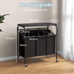COSTWAY Wasmand met strijkplank, wasverzamelaar met 3 vakken en deksel, wassorteerwagen met wielen, wasbox uittrekbaar voor badkamer, bijkeuken, 80,5 x 41,5 x 87,5 cm — thumbnail 2