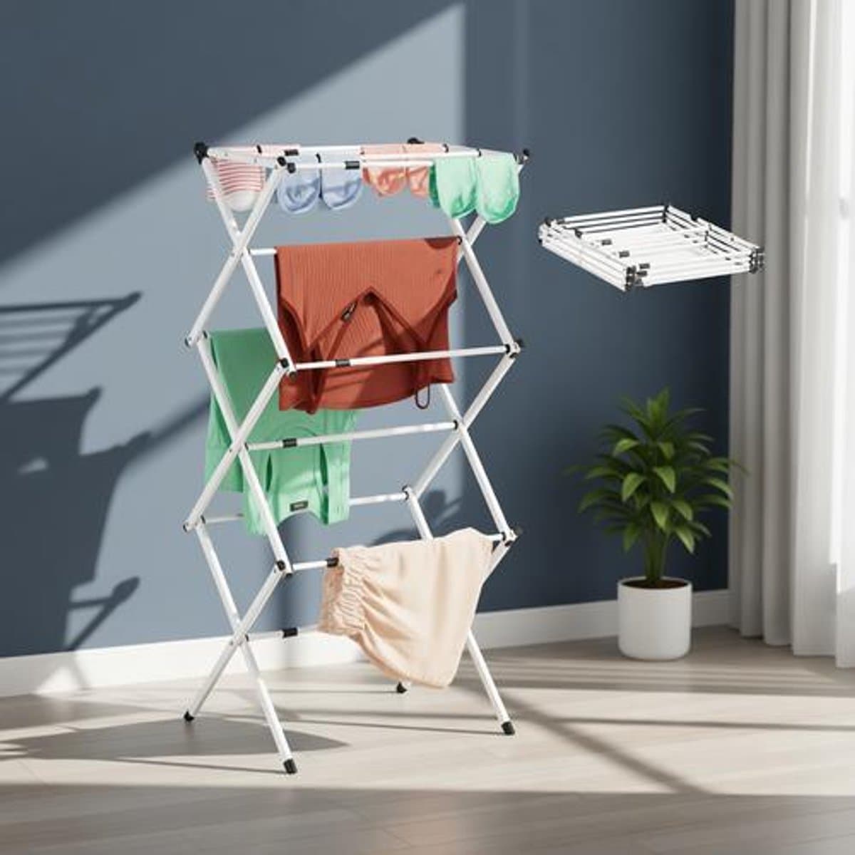 Inklapbaar droogrek met 11 stangen, uitschuifbaar tot 74 cm, wit — afbeelding 1