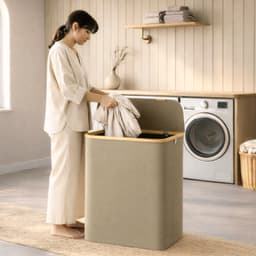 ACAZA Wasmand 3 vakken - Wasmand Met Deksel - 150 L - Bamboe - 60 x 38,5 x 70,5 cm - Zand — thumbnail 5