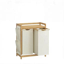 Dubbele compartiment wasmand Grote capaciteit 2x50L Voor gesorteerd opbergen Met plank, zijvak en afneembare waszak Stevig bamboe frame Voor thuis, slaapkamer en woonkamer 63x33x78cm naturel+wit — thumbnail 1