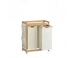 Dubbele compartiment wasmand Grote capaciteit 2x50L Voor gesorteerd opbergen Met plank, zijvak en afneembare waszak Stevig bamboe frame Voor thuis, slaapkamer en woonkamer 63x33x78cm naturel+wit