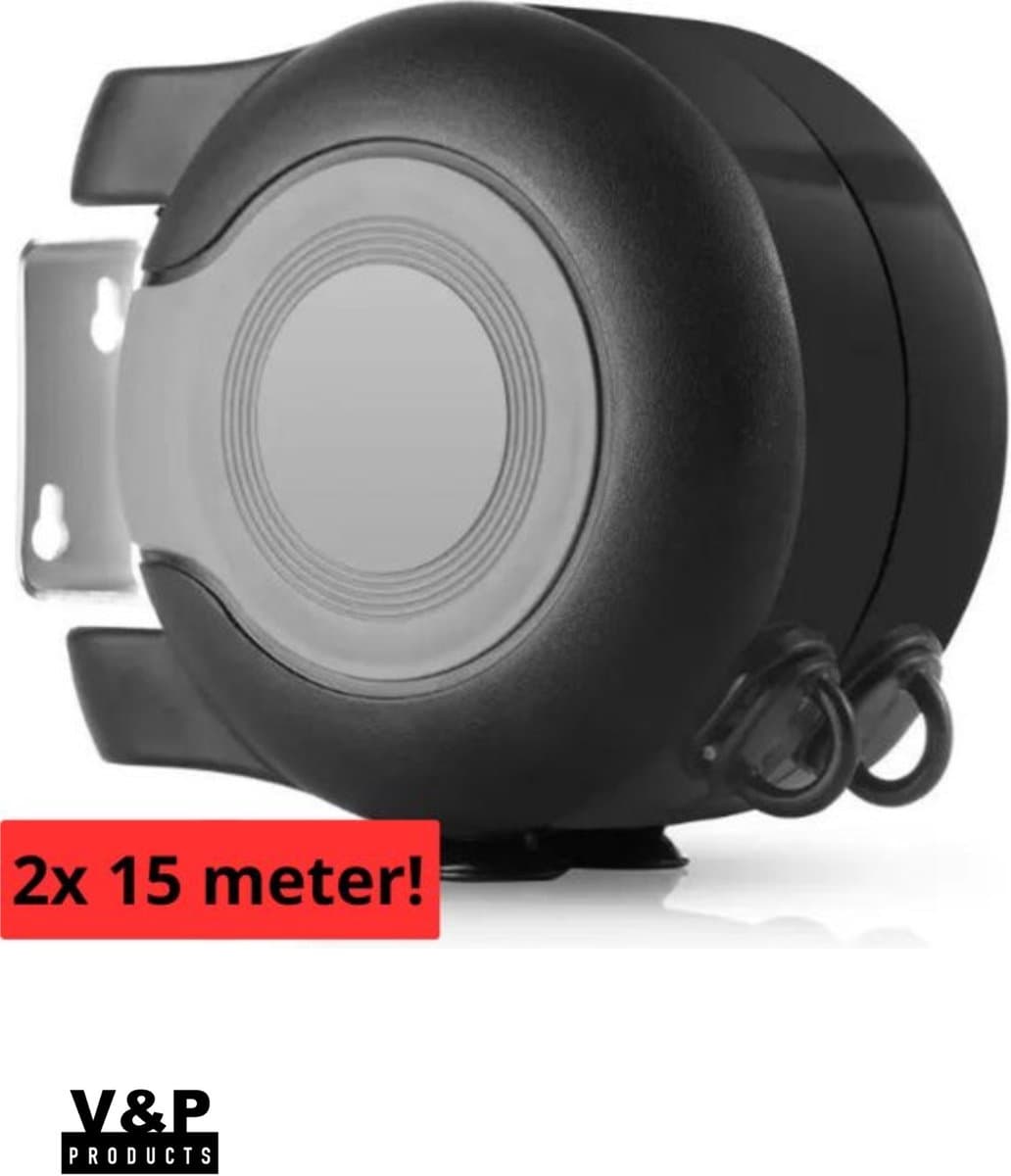 V&P Products® Waslijn uittrekbaar grijs/zwart - Waslijndraad - 2x 15 meter - Wasdraad - Uittrekbare Waslijn - Roldrooglijn voor buiten en binnen - automatische waslijn - wand droogrek — afbeelding 1