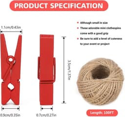 Kleurrijke houten wasknijpers - Set van 100 stuks met jute koord - Voor kleding, foto's en creatieve hobby's — thumbnail 4