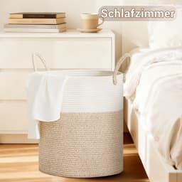 Wasmand, opbergmand, geweven mand, grote ronde wasmand van 72 liter met katoenen handvatten voor de kinderkamer, mand voor dekens en speelgoed voor de woonkamer of wasruimte, bruin en wit — thumbnail 3