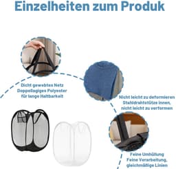 2 opvouwbare wasmanden, grote opvouwbare wasmand, inklapbare wasmand voor op de camping, draagbare waszak, zwart en wit (36 x 36 x 58 cm) — thumbnail 3