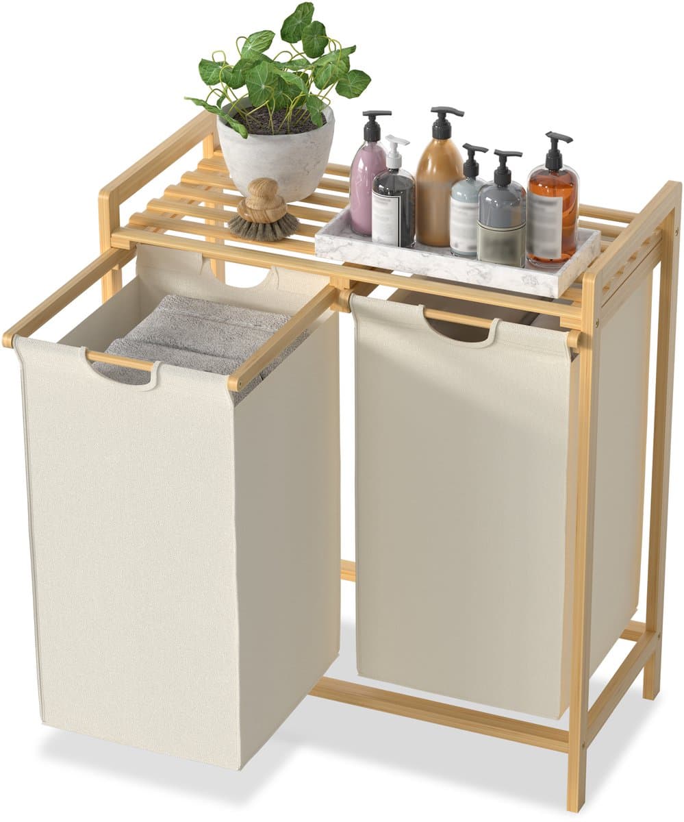 ACXIN Bamboe Wasmand Met 2 Vakken - Oxford Stof - Afneembaar En Wasbaar - 72 L - Beige — afbeelding 1