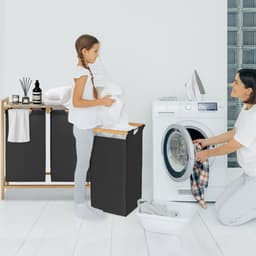 Wasmand van Oxford-weefsel, 2 x 36 liter, 2 vakken, afneembare wasverzamelaar met plank en bamboeframe, waszak, uittrekbaar, efficiënte wasopslag voor bijkeuken, zwart NAIZY — thumbnail 3
