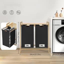 Wasmand van Oxford-weefsel, 2 x 36 liter, 2 vakken, afneembare wasverzamelaar met plank en bamboeframe, waszak, uittrekbaar, efficiënte wasopslag voor bijkeuken, zwart NAIZY — thumbnail 2