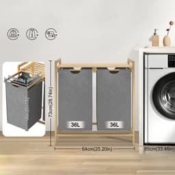 Wasmand van Oxford-weefsel, 2 x 36 liter, 2 vakken, afneembare wasverzamelaar met plank en bamboeframe, waszak, uittrekbaar, efficiënte wasopslag voor bijkeuken, grijs NAIZY — thumbnail 2