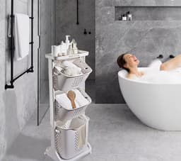 Verrijdbare Wasmand Organizer - 3-Laags Wasbakkenrek met Wieltjes - Badkamer Opbergrek - Wit - 109 cm hoog — thumbnail 3