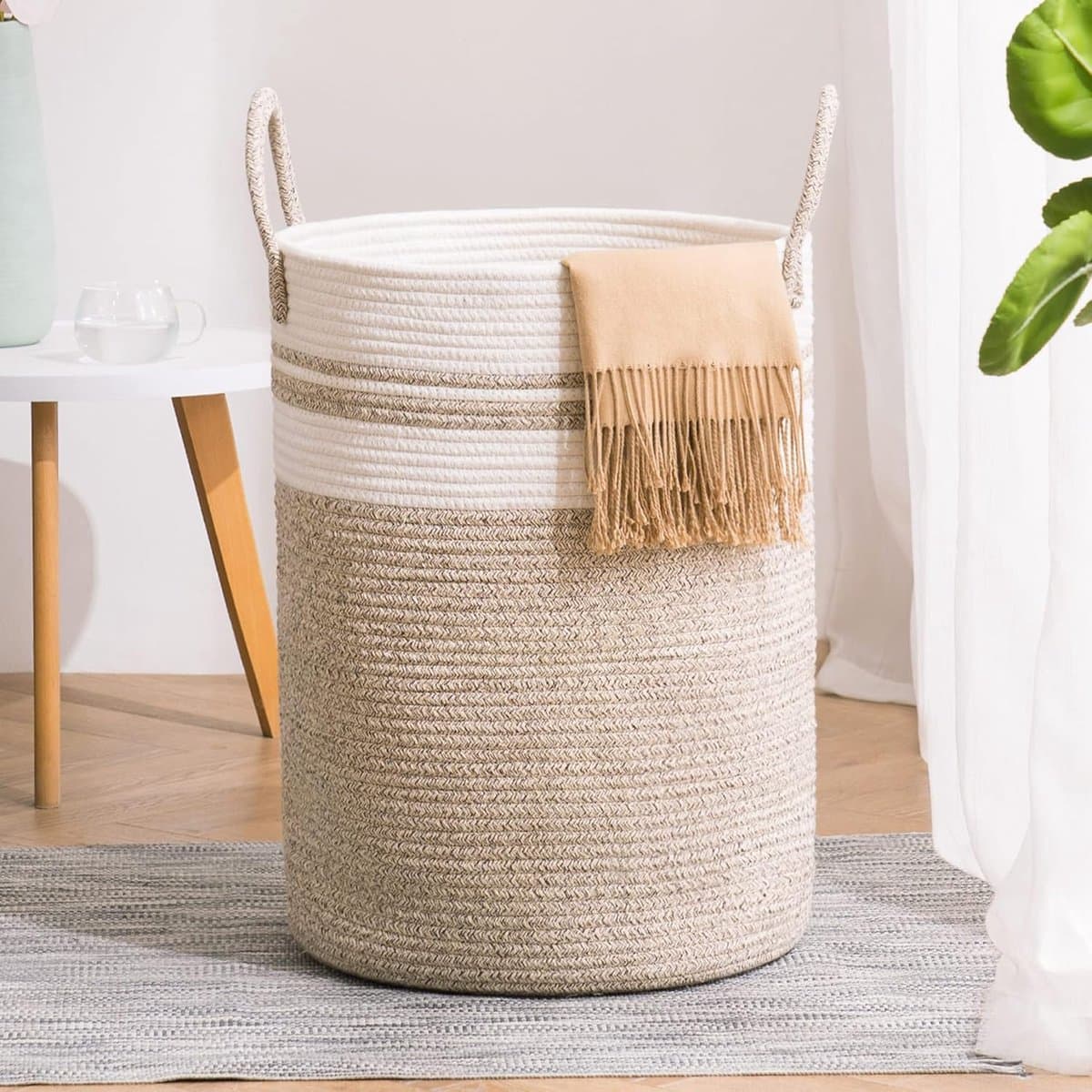 Wasmand/opbergmand van textieltouw, kinderwasmand, opbergmand met katoenen touwgreep, geschikt voor het opbergen van dekens, kleding en speelgoed, en is geschikt voor slaapkamers en wasruimtes,Stijl 2,Diameter 35 * Hoogte 45cm — afbeelding 1