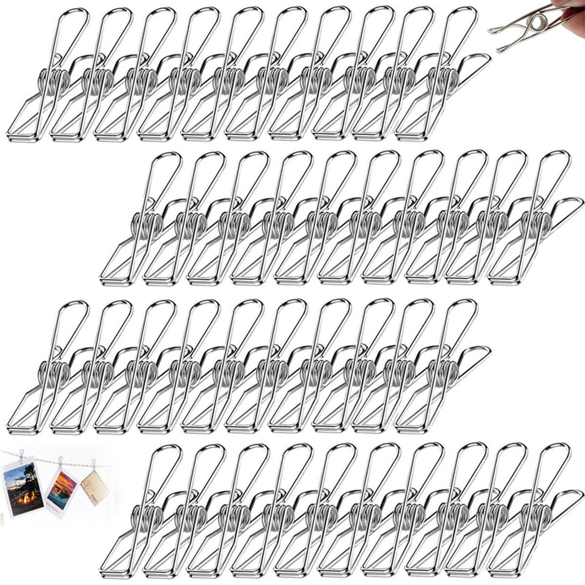 40 stuks - Sokclips - RVS Wasknijpers - Winddichte Clip - Roestvrijstalen clips - Veerclips - Metalen veerclips - Plaatclips - Windbestendige clips - Universele ophangclips - 5,6 x 1,3 cm - Geschikt voor kantoren, keukens en badkamers — afbeelding 1