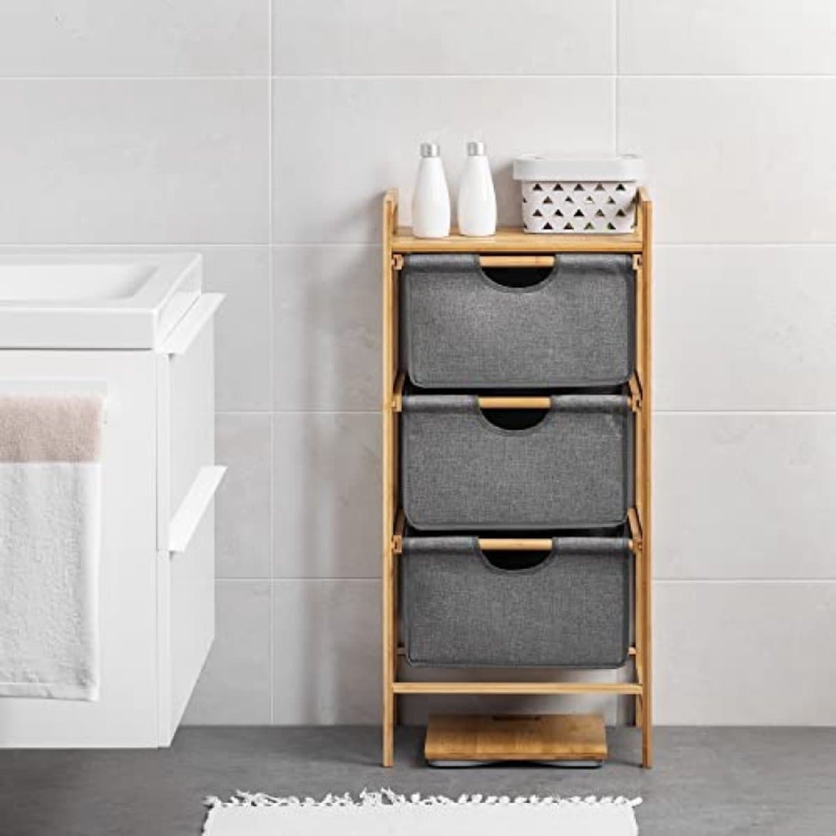 Stunq® bamboe opbergkast met drie lades - Stevig rek voor wasgoed en spullen - Handig badkamer meubel — afbeelding 1