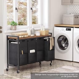 Aurixi® Wassorteerder 4 vakken - Wasmand 4 vakken 4x 39 Liter - Wasmand Met Opbergplank - Wassorteerder - Dubbele wasmand - Duo Wasmand – Wasmanden - Zwart - 111cm x 33cm x 75 cm — thumbnail 4