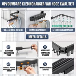 Florixa® Wanddroogrek Inklapbaar - Wanddroogrek - Zwart - ‎120cm x 3cm x 9cm — thumbnail 4