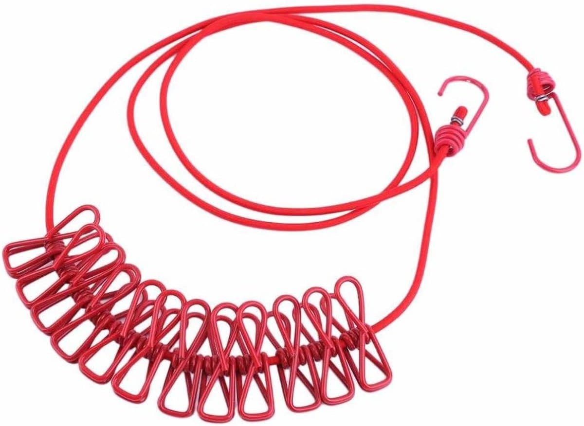 Elastische Waslijn - Draagbare Kledinglijn - Reizen Kamperen - Inclusief Klemhaakjes - Tot 3.8 Meter - Rood — afbeelding 1