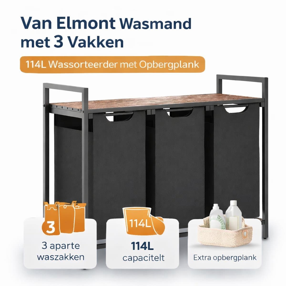 Van Elmont Wasmand 3 vakken – Wassorteerder - Wasmanden - Wasbox - 114 liter - uitschuifbaar met plank - Zwart - 92.5 x 33 x 72 cm — afbeelding 1