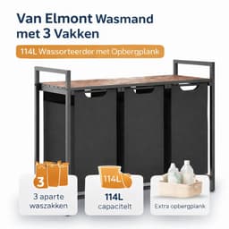 Van Elmont Wasmand 3 vakken – Wassorteerder - Wasmanden - Wasbox - 114 liter - uitschuifbaar met plank - Zwart - 92.5 x 33 x 72 cm — thumbnail 1