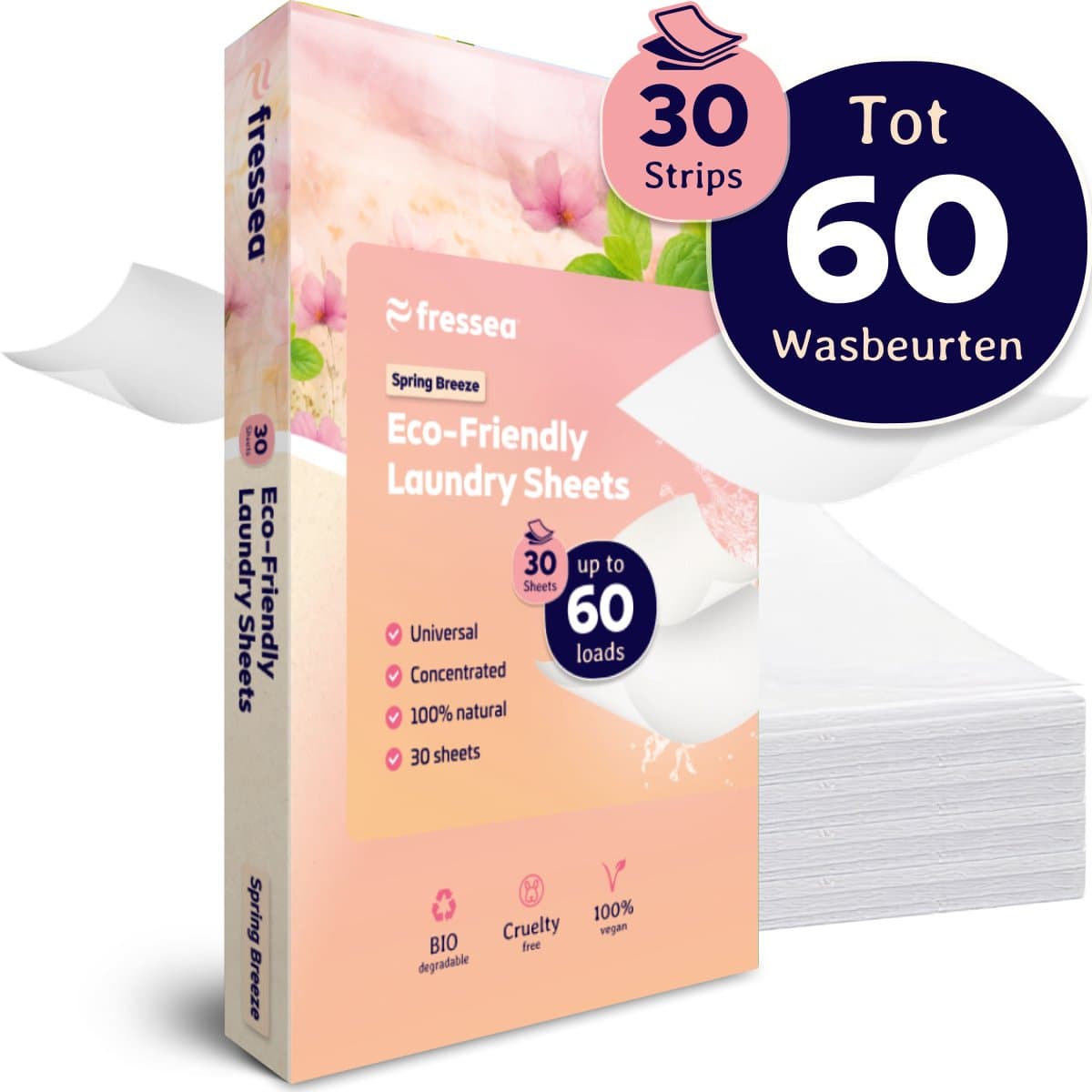 Fressea Wasstrips 60 Wasbeurten - Wasmiddel Strips - Plasticvrij & Vegan Wasmiddeldoekjes (Lentebloesem) — afbeelding 1