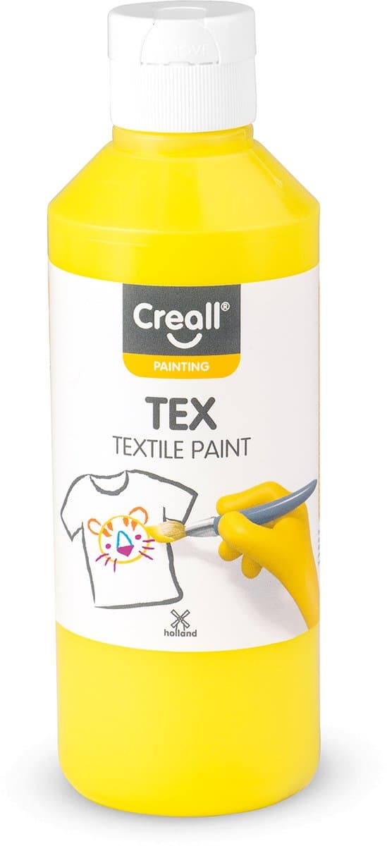 Creall Tex - Textiel- & Stoffenverf - Geel - 250ml - Machine wasbaar na fixatie - Voor T-shirts, jeans, schoenen, stoffen tassen, meubels en auto-interieurs/hemelbekleding - Gemaakt in NL - Glutenvrij — afbeelding 1