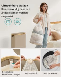 Novendo Goods – Slanke 65L wasmand met deksel & verwijderbare waszak - Opvouwbare wasverzamelaar met bamboe handgrepen voor smalle ruimtes & wasruimte — thumbnail 4