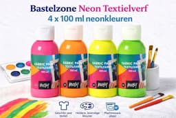 Bastelzone Neon Textielverf Set - 4 neon kleuren, 100 ml per flesje - Machinewasbaar — thumbnail 1
