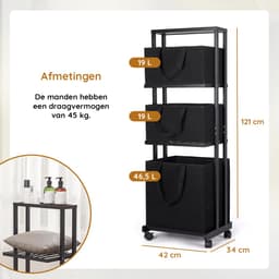 Eleganca Wassorteerder 3 Vakken - Wasmand - Met Wieltjes - H121 x L42 x B34 - Bamboe Zwart — thumbnail 3