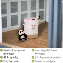 WENKO Wasmand Kids Greta Pink, ronde waszak voor kinderen in modern lichtroze met schattige giraffenprint, twee katoenen handvatten, 63 liter opbergruimte in één vak, Ø40x50cm, 69783800 — thumbnail 3