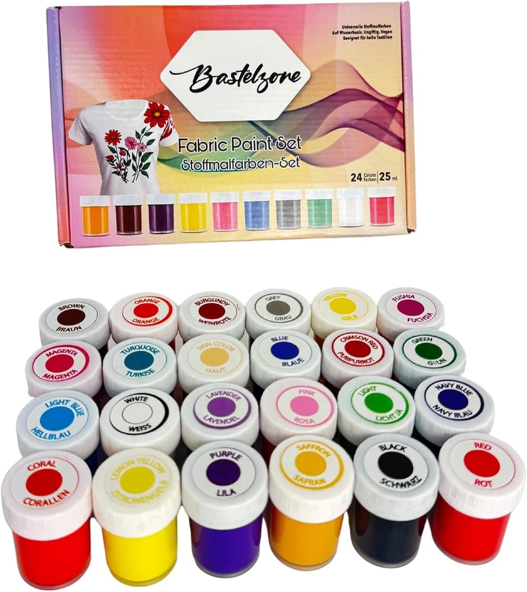 Textielverf Set van 24 levendige kleuren, elk 25 ml. - Wasbare textielverf set - Levendige, sterk gepigmenteerde textielverf - Machinewasbare verf voor T-shirts, katoen en stoffen (24 kleuren x 25 ml) — afbeelding 1