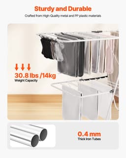Opvouwbaar droogrek (2 niveaus) met sokkenhouders en 31 droogstangen, in hoogte verstelbare metalen standaard, vrijstaand en ruimtebesparend kledingrek voor wasruimtes en balkons — thumbnail 4