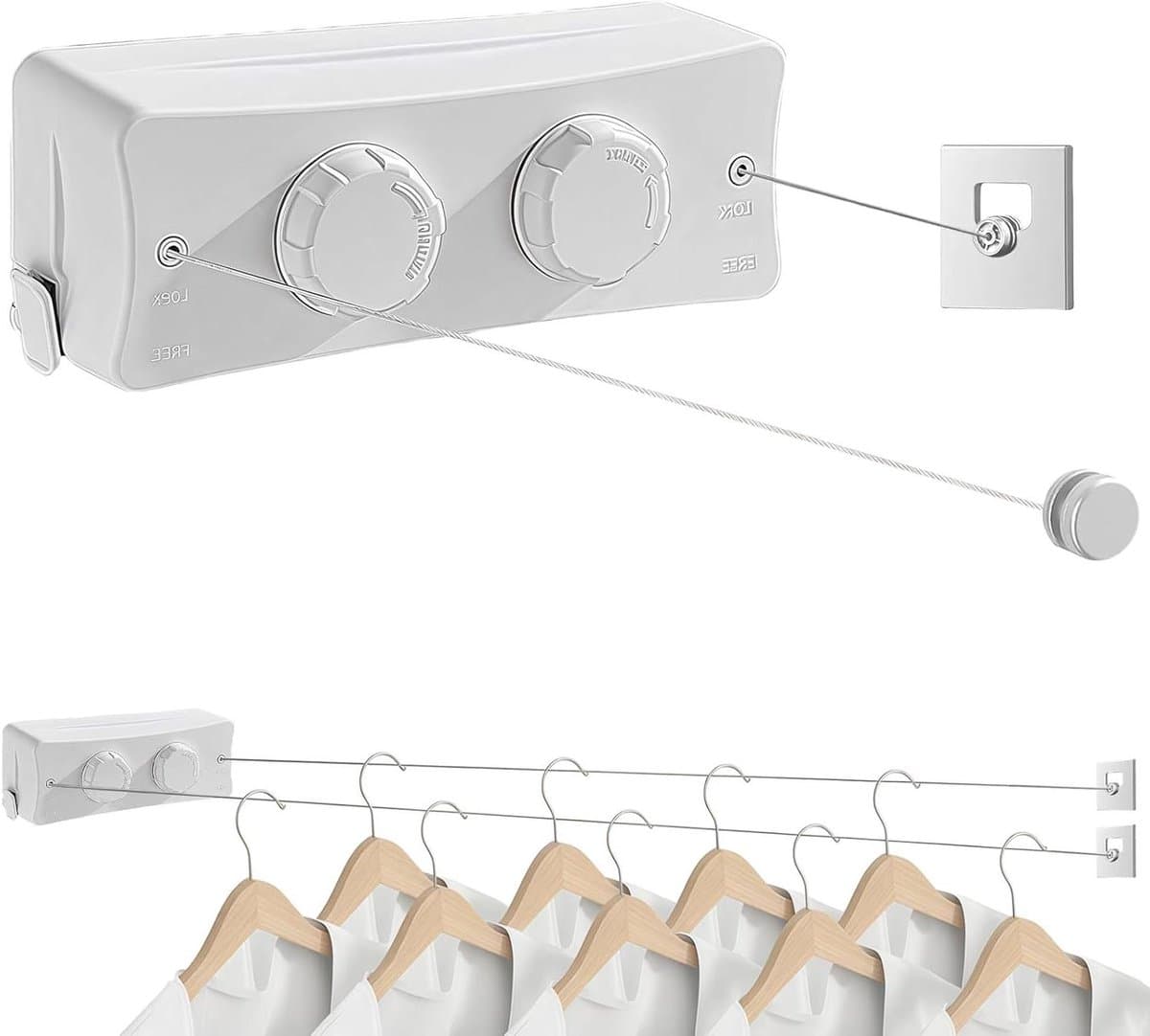 2x 5.1 m Stainless Steel Cable Portable Wall Clothes Line - Prevent Sagging, Extendable for Utility Room, Balcony, Hotel, Bathroom, Bedroom — afbeelding 1
